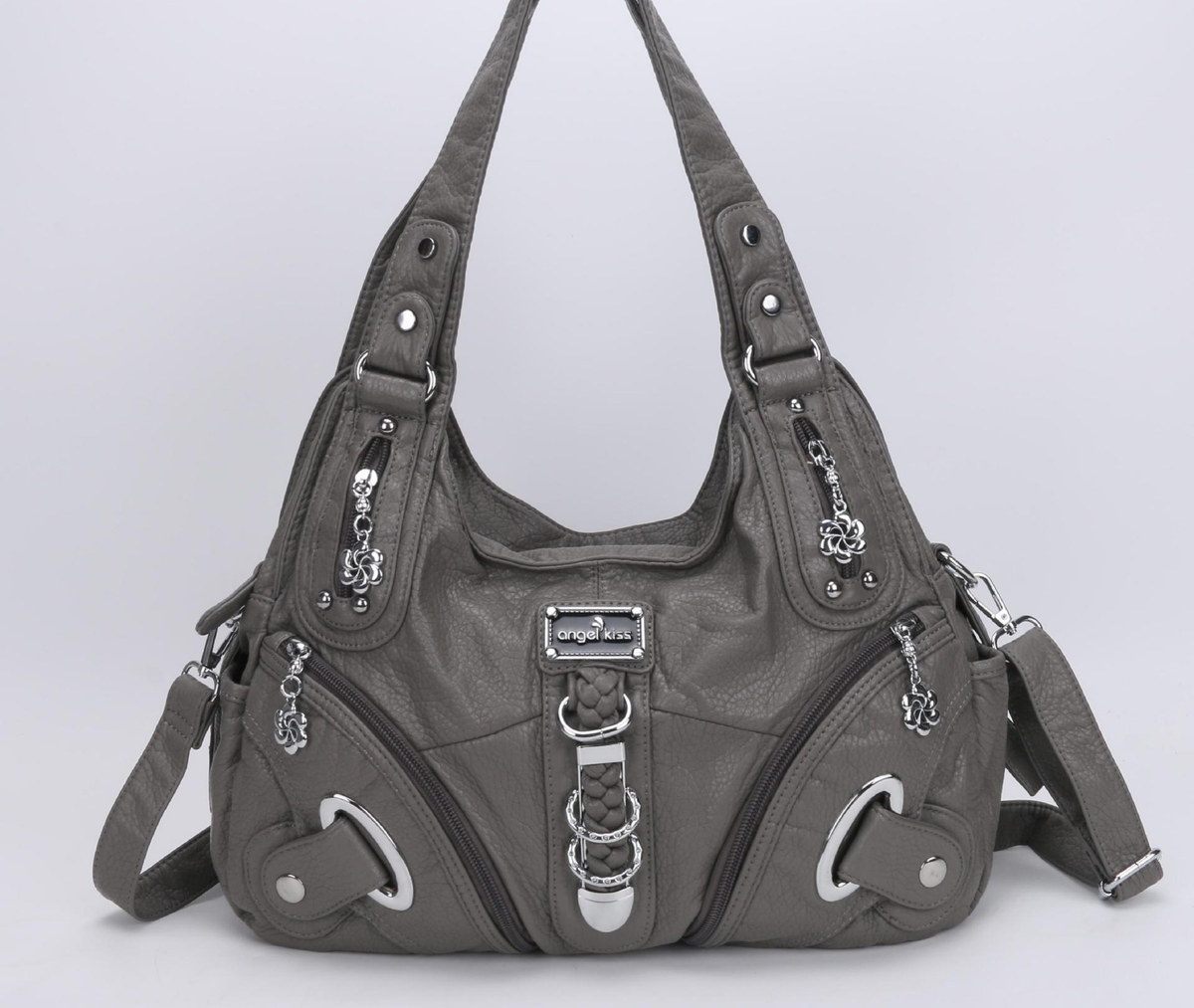 The Simone washed vegan leather hobo shoulder bag in Gray, front view