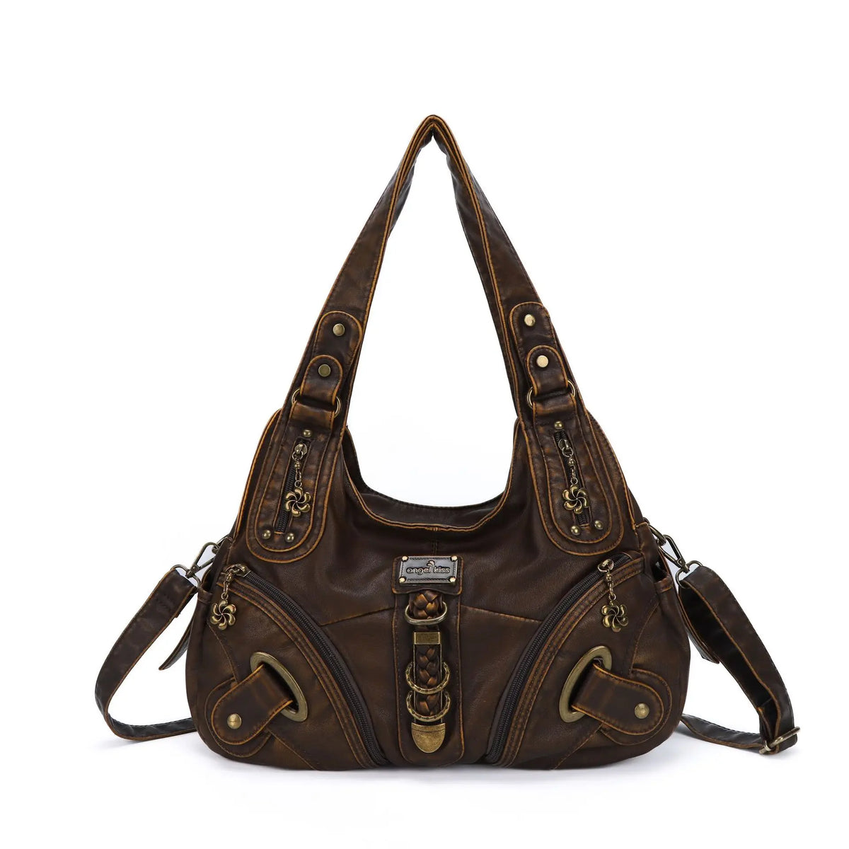 The Simone washed vegan leather hobo shoulder bag in Brown, front view