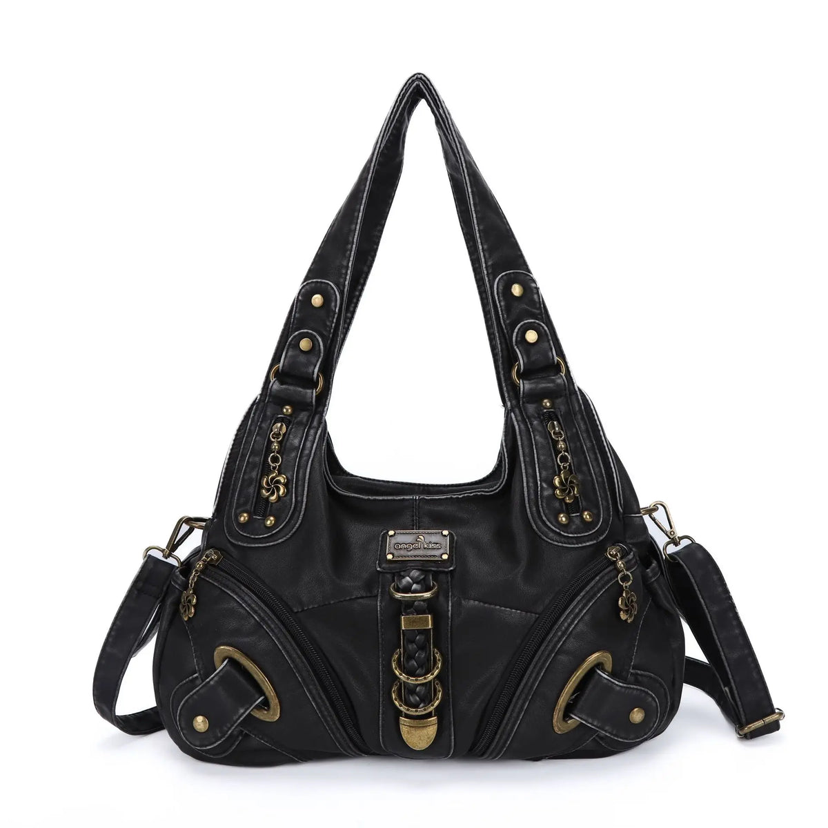 The Simone washed vegan leather hobo shoulder bag in Classic Black, front view