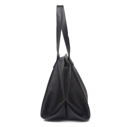 Black genuine leather mini tote side profile showing depth and shoulder straps