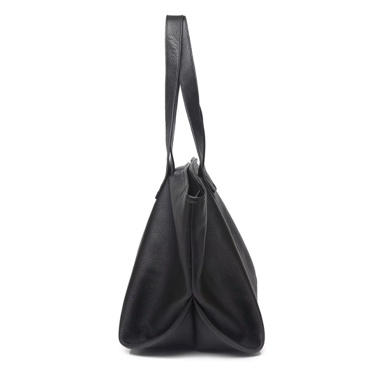 Black genuine leather mini tote side profile showing depth and shoulder straps