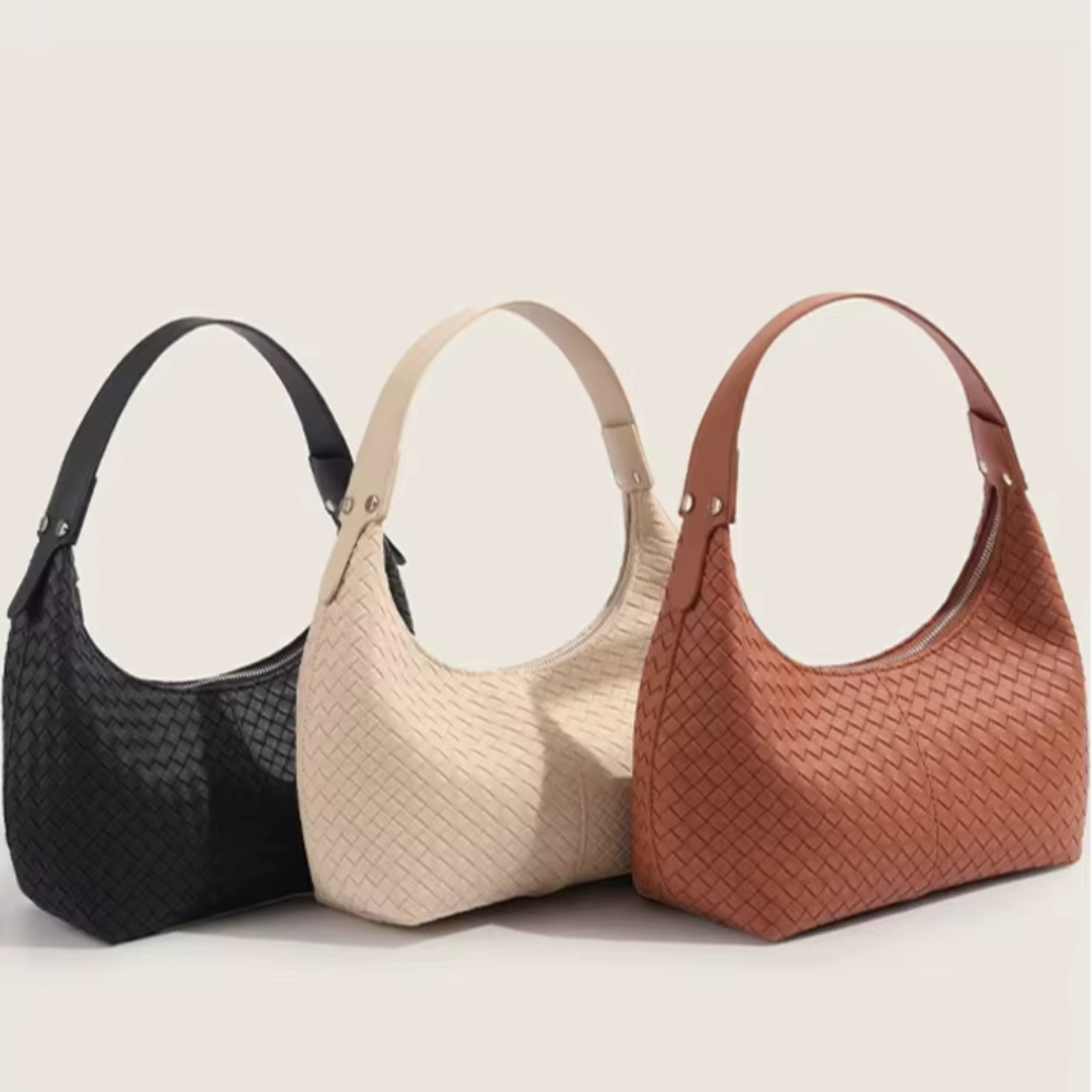 The Colette woven vegan leather mini tote available in classic black, cognac, and soft ivory
