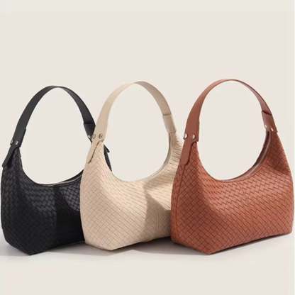 The Colette woven vegan leather mini tote available in classic black, cognac, and soft ivory