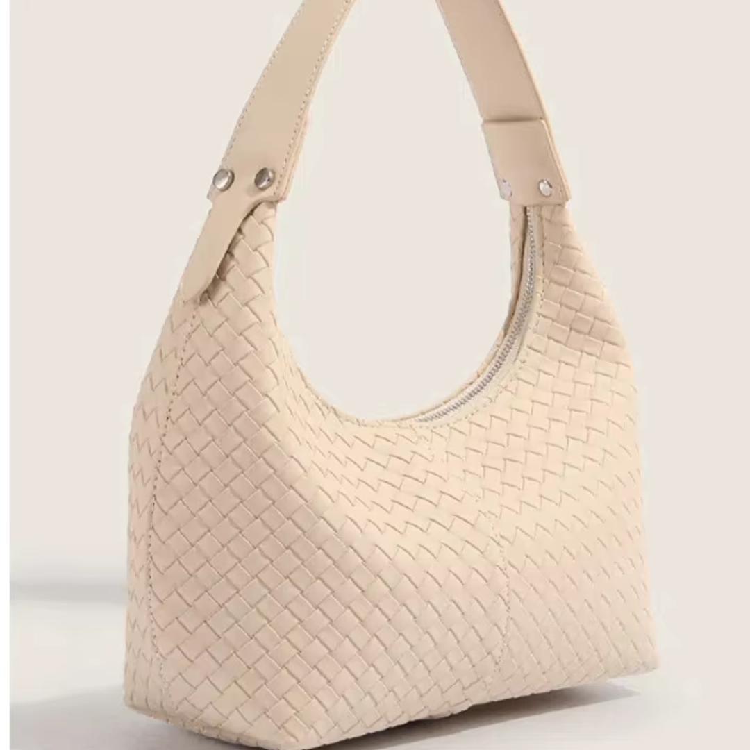 Soft ivory woven mini tote front angle showing woven PU leather texture