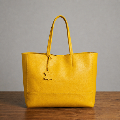The Isla oversized leather shopper tote in Mustard Yellow, front view