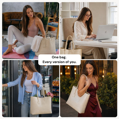 The Isla leather shopper tote styled for the gym, desk, errands and evening