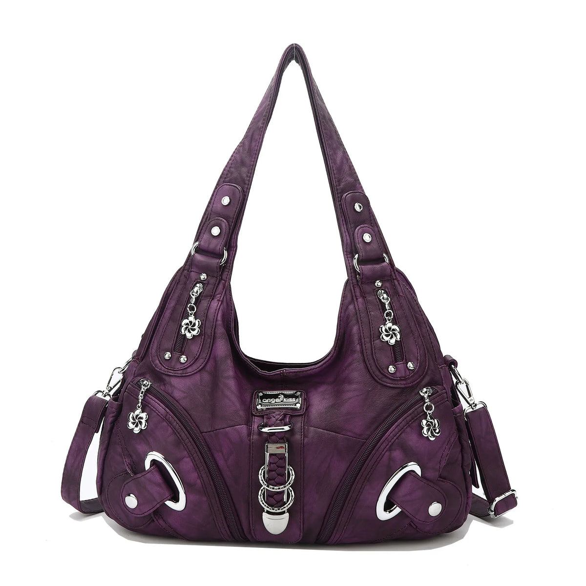 The Simone washed vegan leather hobo shoulder bag in Dark Purple, front view